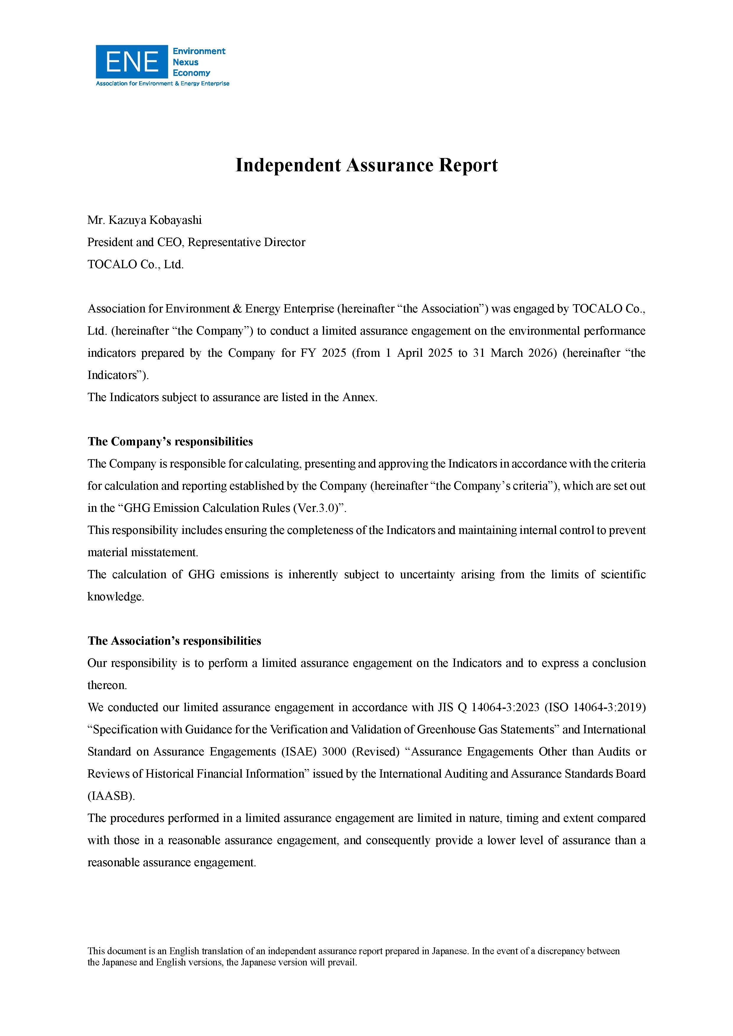 Independent Assurance Report