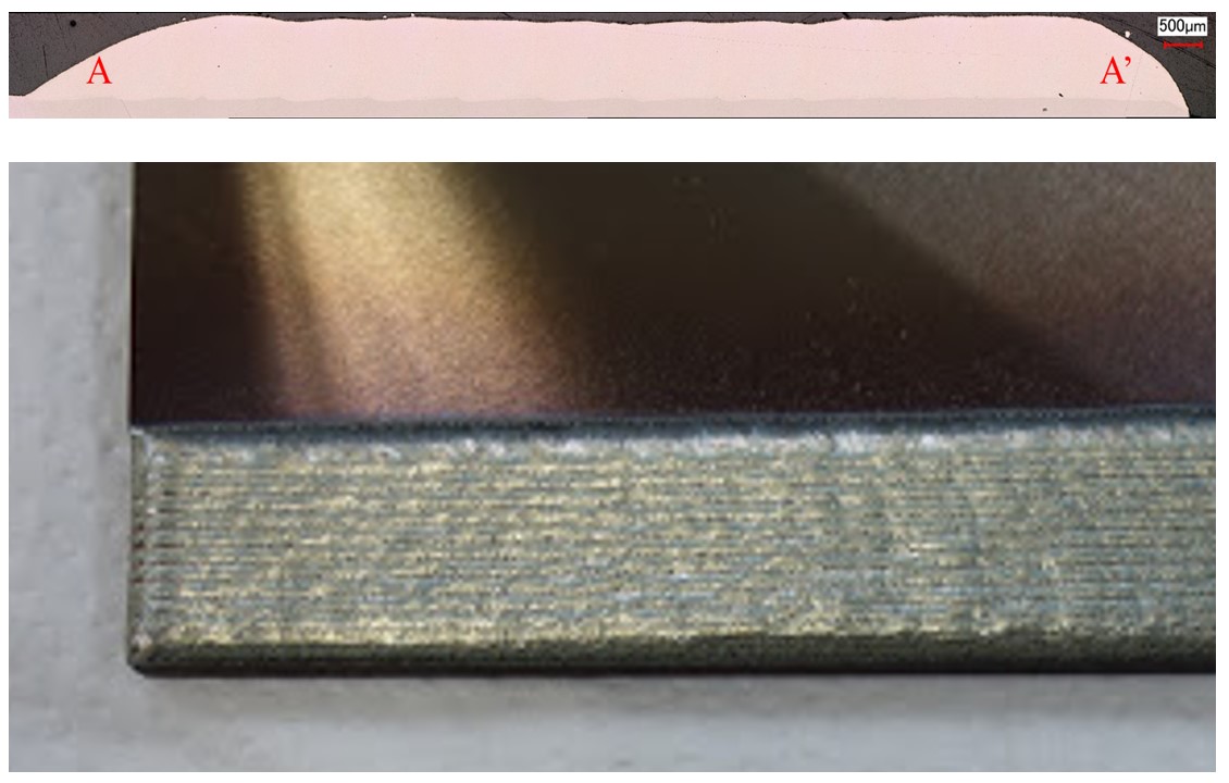 ステンレス基材（50×100×5mmt）へのコバルト基合金皮膜（20mm巾×1mmt）施工の例